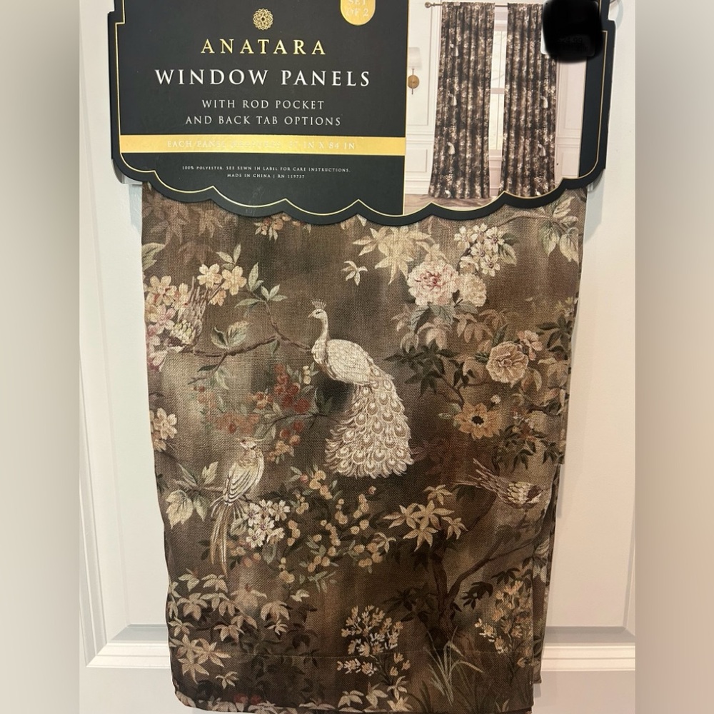 Set of 2 Floral Peacock Drape Panels 37x84 Loden Green Brown New